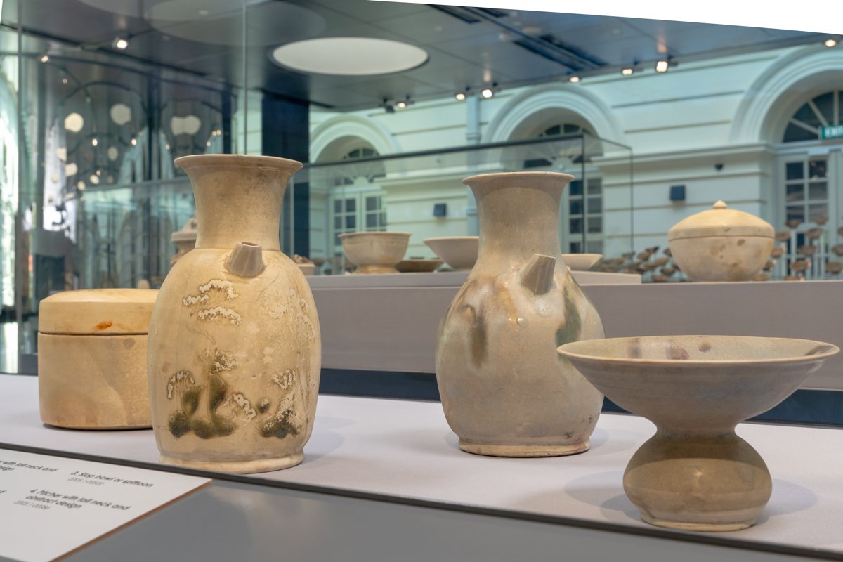 Ninth-century Changsha ceramic ewers and bowls recovered from the Belitung shipwreck, displayed at the Asian Civilisations Museum in Singapore.