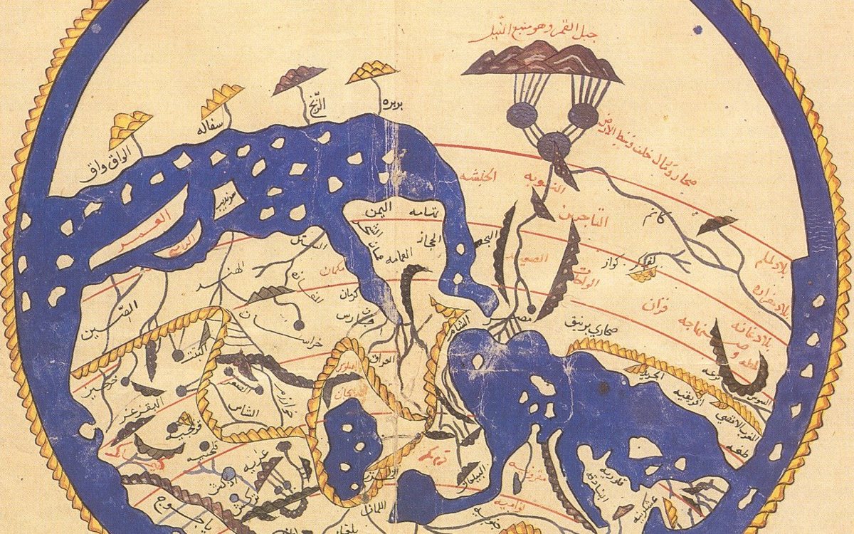 The 1154 world map of the Arab geographer al-Idrisi, oriented with south at the top, showing the Indian Ocean at its centre.